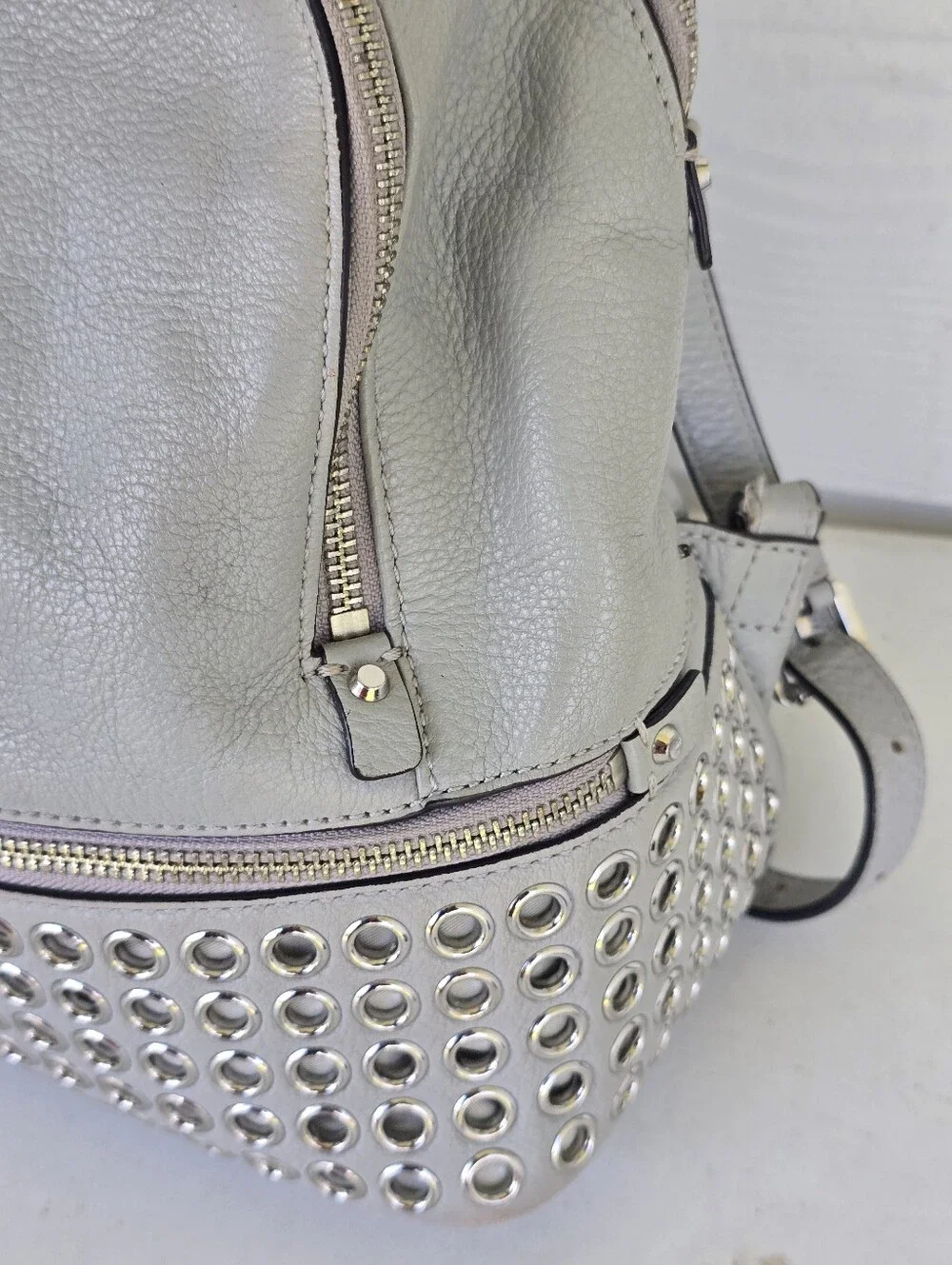 Michael Kors Gray Leather Grommet Studded Backpack Silver Hardware
